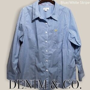 DENIM & CO Blue/White Striped Long Sleeve Button Down-NWOT/Size 1x